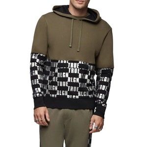 True Religion Sweatshirt Men’s Sz Large Militant Green Logo Panel Printed Hoodie